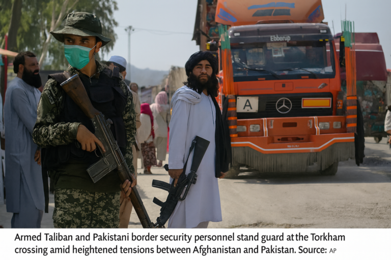 Armed Taliban and Pakistani border personnel